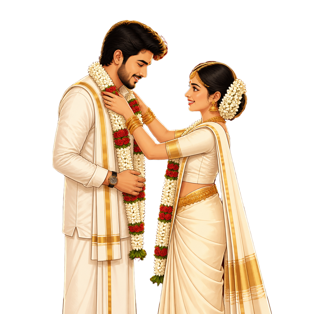 Kerala wedding couple exchanging jaimala garlands, illustrated in anime style